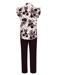 SHEIN Clasi Bộ 2 áo ren họa tiết hoa và quần đen cho nữ (có thắt lưng trang trí) - Màu đỏ tím - Xem 2