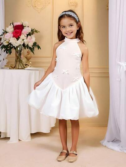 SHEIN Glamorique Kids 年轻女孩白色无袖优雅连衣裙，适合日常、派对、聚会等各种场合，展现年轻女孩的高贵、优雅风格，饰有蝴蝶结