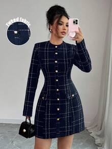 Elenzga 女士格子圆领长袖金属单排扣优雅短裙 - 藍色 - 查看 4