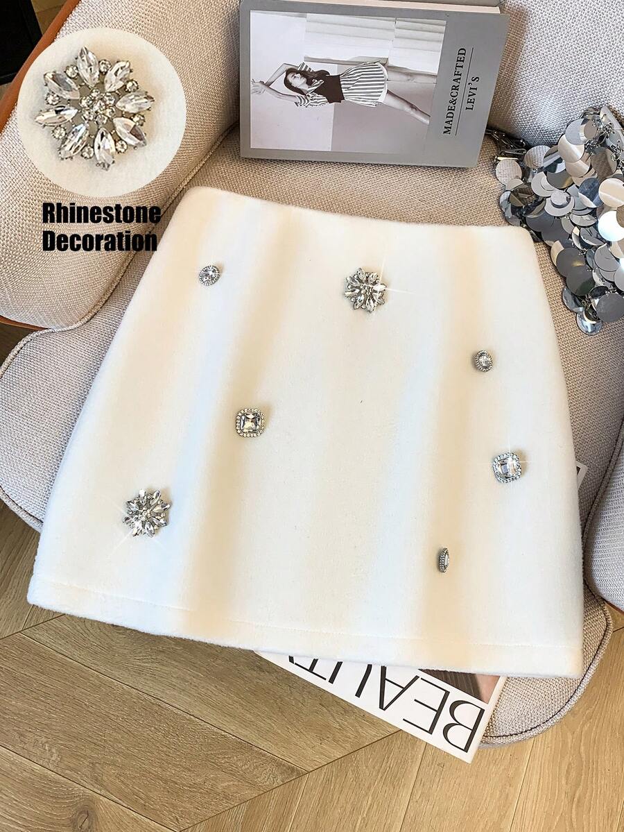 SHEIN PETITE Chân váy len ngắn thanh lịch đính đá Rhinestone dành cho nữ - Màu be - Xem 1