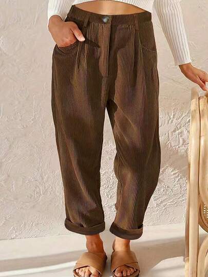 SHEIN LUNE Plus Size Women Regular Corduroy Straight Leg Pants, Khaki, For Winter Fall Cloth For Women