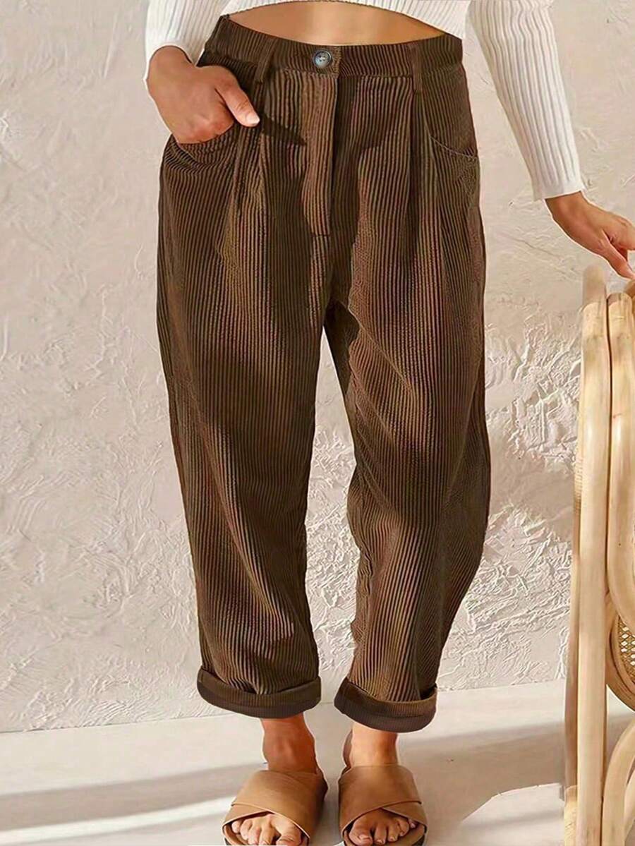 SHEIN LUNE 大码女式常规灯芯绒直筒裤，卡其色，冬季 - 棕色 - 查看 1