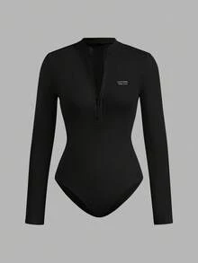 SHEIN EZwear 2 件女士休闲简约风格真刺绣字母徽章拉链高领紧身连体衣，百搭服装，适合秋冬季，机场搭配 - 黑與白 - 查看 11