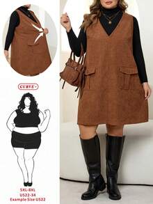 SHEIN CURVE+ Vestido casual sin mangas con cuello en V y bolsillos utilitarios de unicolor para mujer de talla grande