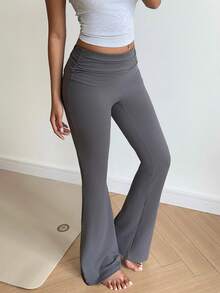 Flirla Women's Solid Color Ruched Waist Yoga Fabric Flare Leggings - Multicolor - View 3