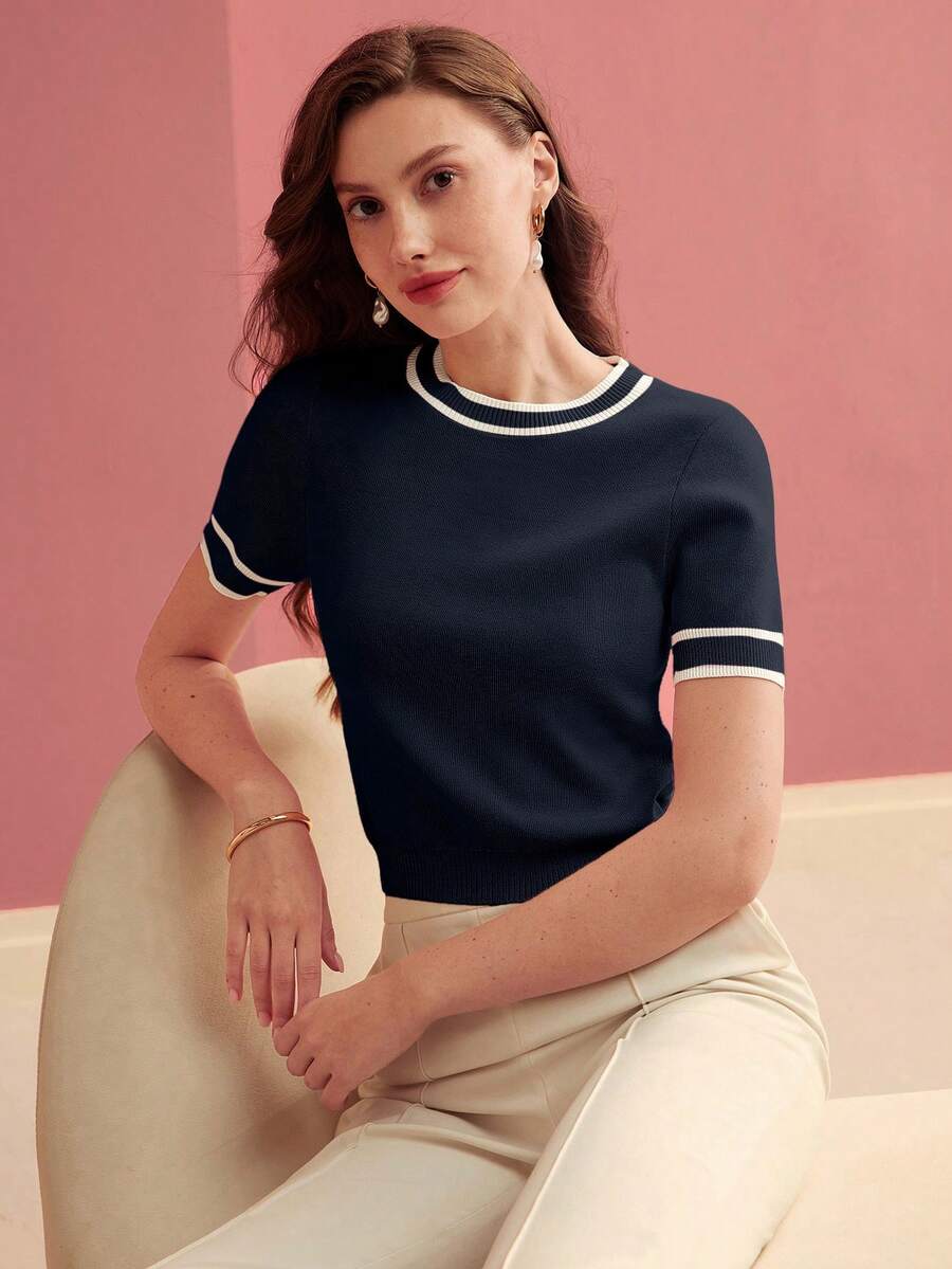 MOTF PREMIUM CONTRAST TRIM SHORT SLEEVE KNIT TOP KNIT PULLOVER FALL WINTER - Blue - View 1