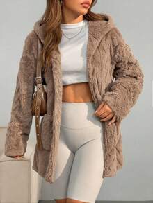 SHEIN EZwear Locker und lässiger weißer Fellmantel mit Taschen, Drop-Shoulder und Kapuze für den Winter mit langen Ärmeln - Kaffeebraun - Übersicht 5