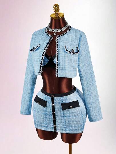 Amplova Y2K Elegant Milk Blue Plaid Woolen Crop Top, Contrast Color Bodycon Camisole Bra Top And Contrast Color Mini Skirt3 Pieces Set Christmas Outfit For Women New Year Blue Tweed Set Blue 2 Piece Set Blazer Skirt Set Summer Holiday Outfits Spring Outfit Women