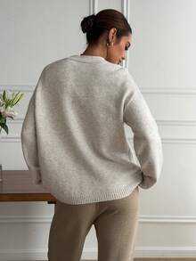 Livesso Áo khoác cardigan dài tay tối giản màu trơn có túi dành cho nữ, thích hợp mặc hàng ngày vào mùa thu - Màu be - Xem 2