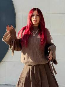 Bearsaez New Autumn/Winter Brown Knitted Ribbed Cuff Tie Loose Pullover Sweater,Knitted Sweater - Chocolate Brown - View 6