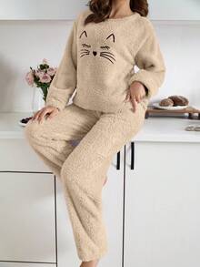 EURMUSE 2 piezas Conjunto de pijama con detalle de bordado de cara de gato lindo Pelush - Beis - Ver 6
