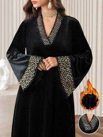 Al Najma Black Velvet Fabric Dress With Gold Ribbon Trim, V-Neck Loose Long Sleeve Luxurious Elegant Dress