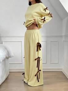 SHEIN EZwear 秋冬女士休闲宽松浅黄色蝴蝶结装饰两件套 米黄色两件套，冬季 - 淡黃色 - 查看 3