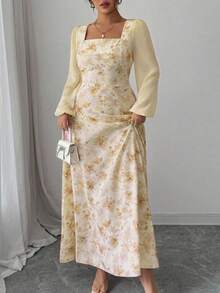 Modelyn 女士粉色花卉印花拼接方领长袖优雅约会连衣裙 - 黃色 - 查看 5
