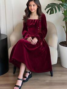 SHEIN Tween Girl 优雅纯色勃艮第方领喇叭袖系带腰部褶皱胸围复古中长连衣裙，适合圣诞节毕业礼服，秋冬优雅复古，适合派对、圣诞节、新年舞会 - 酒紅色 - 查看 5