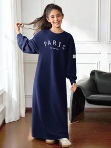 SHEIN Tween Girl Knitted Textured Oversized Crew Neck Long Sleeve Pullover Dress With Paris Letter Graphic Print Girls Navy Blue Abaya Kids Paris Dress Girls Matching Dresses Girls Long Sleeve Long Dresses Robe Kids - Navy Blue - View 6