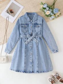 Elladie kids Tween Girls Y2K Style Denim Dress,Vintage Light Blue Long Sleeve Fitted Silhouette,Soft Casual School & Back-To-School Fashionable Autumn Dress - Light Wash - View 4