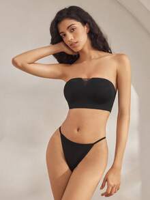 Ocili 3件套女士纯色舒适丁字裤套装 - 黑色 - 查看 2