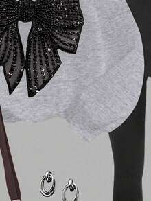 SHEIN Leap Crew 圣诞快乐！少女休闲甜美可爱复古蝴蝶结图案抓绒卫衣和打底裤两件套，灰色，适合秋冬季穿着 - 彩色 - 查看 6