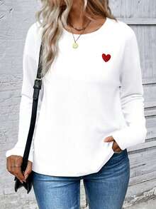 EMERY ROSE Nueva camiseta de manga larga con cuello redondo y estampado de corazón para mujer de talla grande - Blanco - Ver 5