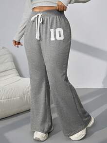 SHEIN EZwear 大码女式数字印花抽绳腰喇叭休闲裤，大码喇叭运动裤，秋冬款 - 淺灰色 - 查看 3