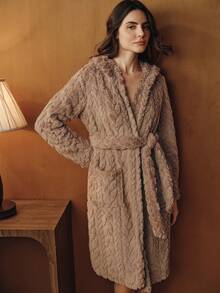 Anewsta Animal Ear Hooded Fluffy Robe In Plush Jacquard, For Fall Winter - Mocha Brown - View 6