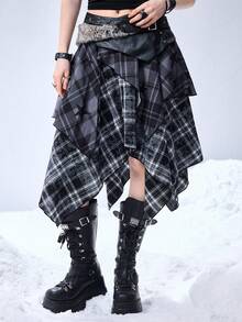 ROMWE EDITION Grunge 星形扎染格子拼接 PU 流苏 A 字迷你裙