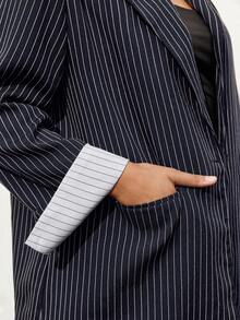 Maija 大码条纹长袖拼布翻领西装优雅时尚性感都市音乐节日常出游服装女无袖背心上衣条纹西装裤夏季商务通勤办公室装2025夏季新款条纹西装老款商务休闲女装教师装女装工作服女装商务休闲女装毕业典礼婚礼宾客礼服女秋冬 - 藏蓝色 - 查看 7