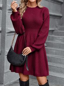 EURMUSE Damska jednokolorowa sukienka dzianinowa z okrągłym dekoltem, opadającymi ramionami i długim rękawem, na co dzień, jesień/zima