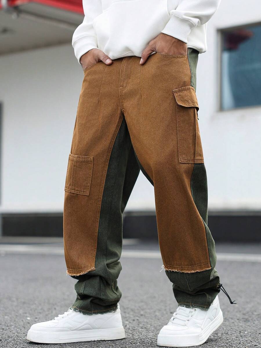 GALLERY FADE 男士休闲水洗撞色拼接工装牛仔裤 - 綠色 - 查看 1