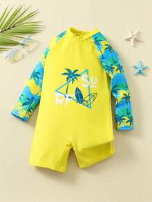 SHEIN Kids Boys Plant Print Long Sleeve Romper Swimsuit, Casual Vacation - Yellow - View 3