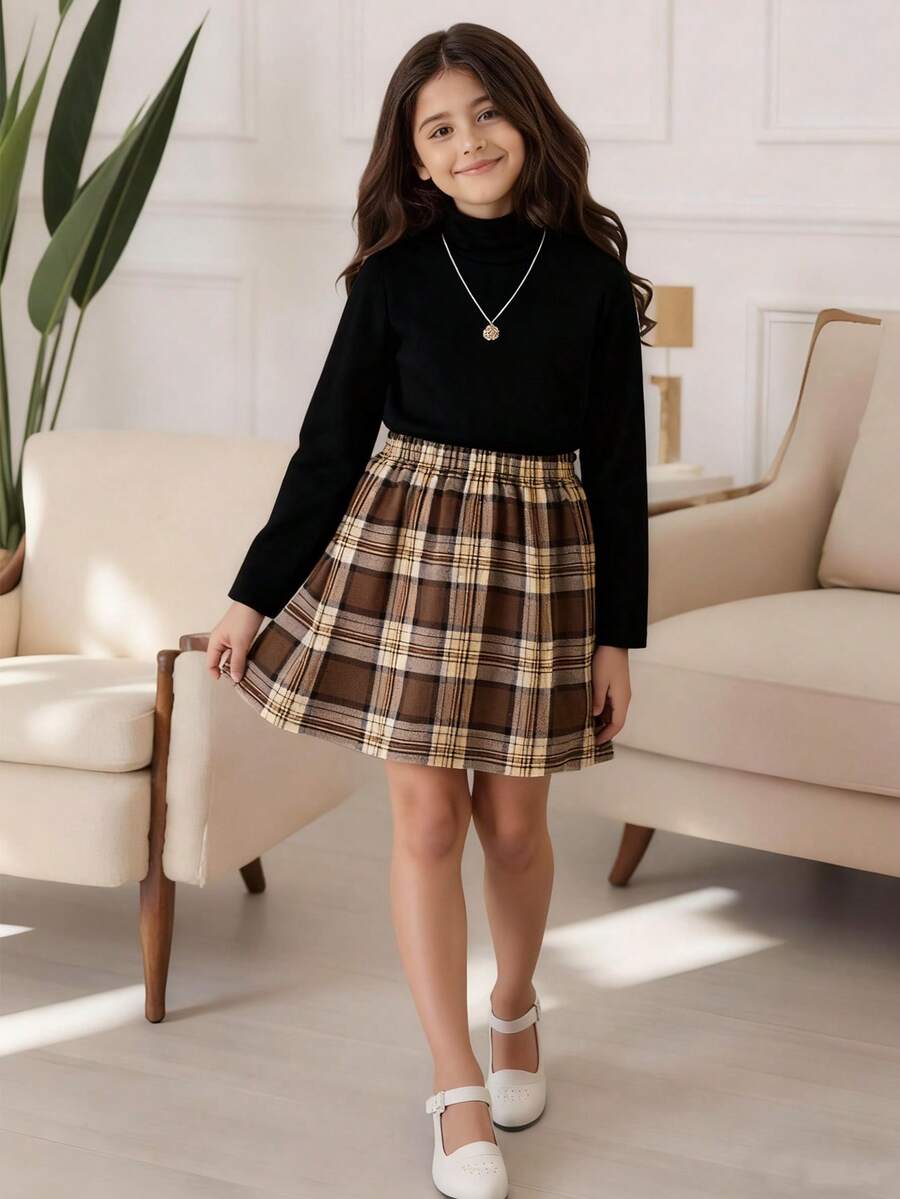 SHEIN 2pcs/Set Girls' Long Sleeve T-Shirt & Plaid Skirt Set, Suitable For Outings, Street Style, Back To School, Campus Wear - Black - View 1
