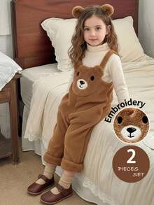 LMoss Kids LMoss 2pcs Young Girl Solid Color Knit Stand Collar Casual T-Shirt And Fleece Bib Pants Set, Suitable For Everyday Wear, Long Sleeve Top, Winter Dress, Cozy Fall & Winter Styles, Fall - Multicolor - View 1