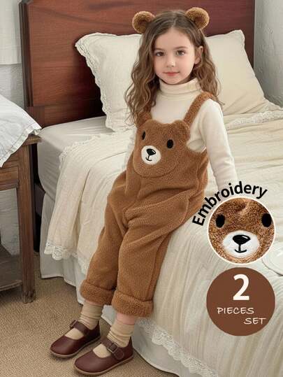 LMoss Kids LMoss 2pcs Young Girl Solid Color Knit Stand Collar Casual T-Shirt And Fleece Bib Pants Set, Suitable For Everyday Wear, Long Sleeve Top, Winter Dress, Cozy Fall & Winter Styles, Fall