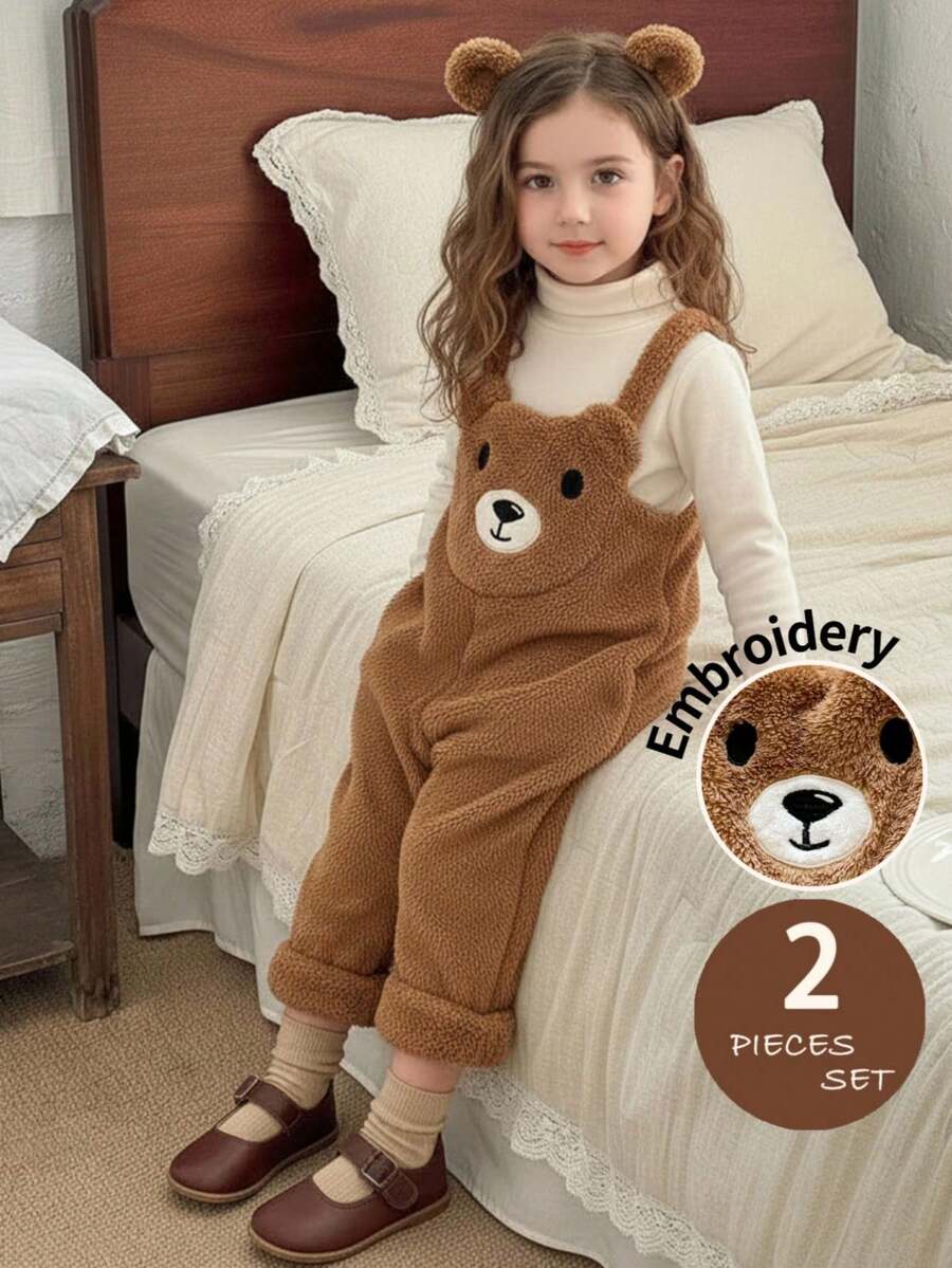 LMoss Kids LMoss 2pcs Young Girl Solid Color Knit Stand Collar Casual T-Shirt And Fleece Bib Pants Set, Suitable For Everyday Wear, Long Sleeve Top, Winter Dress, Cozy Fall & Winter Styles, Fall - Multicolor - View 1