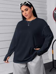 SHEIN EZwear 海军蓝加大码女式休闲宽松圆领落肩长袖T恤 - 藏蓝色 - 查看 1