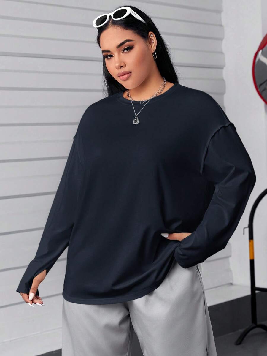 SHEIN EZwear 海军蓝加大码女式休闲宽松圆领落肩长袖T恤 - 藏蓝色 - 查看 1