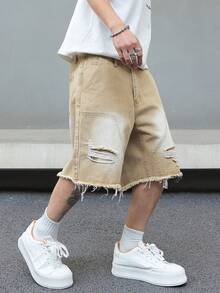 Manfinity EMRG 男式侧袋做旧流苏休闲牛仔短裤