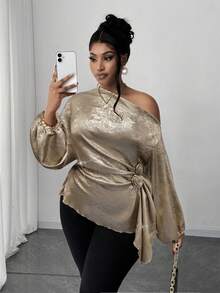 Maweii Cămașă elegantă casual pentru femei, mărime plus, cu umeri oblici, decor 3D cu trandafiri plisați, talie strânsă, material strălucitor, potrivită pentru primăvară, toamnă, iarnă