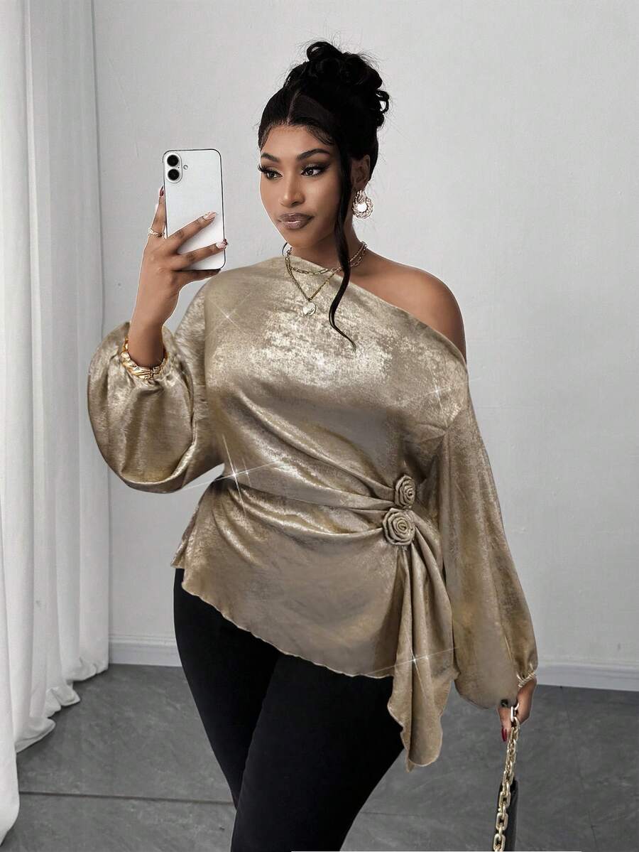 Maweii Cămașă elegantă casual pentru femei, mărime plus, cu umeri oblici, decor 3D cu trandafiri plisați, talie strânsă, material strălucitor, potrivită pentru primăvară, toamnă, iarnă