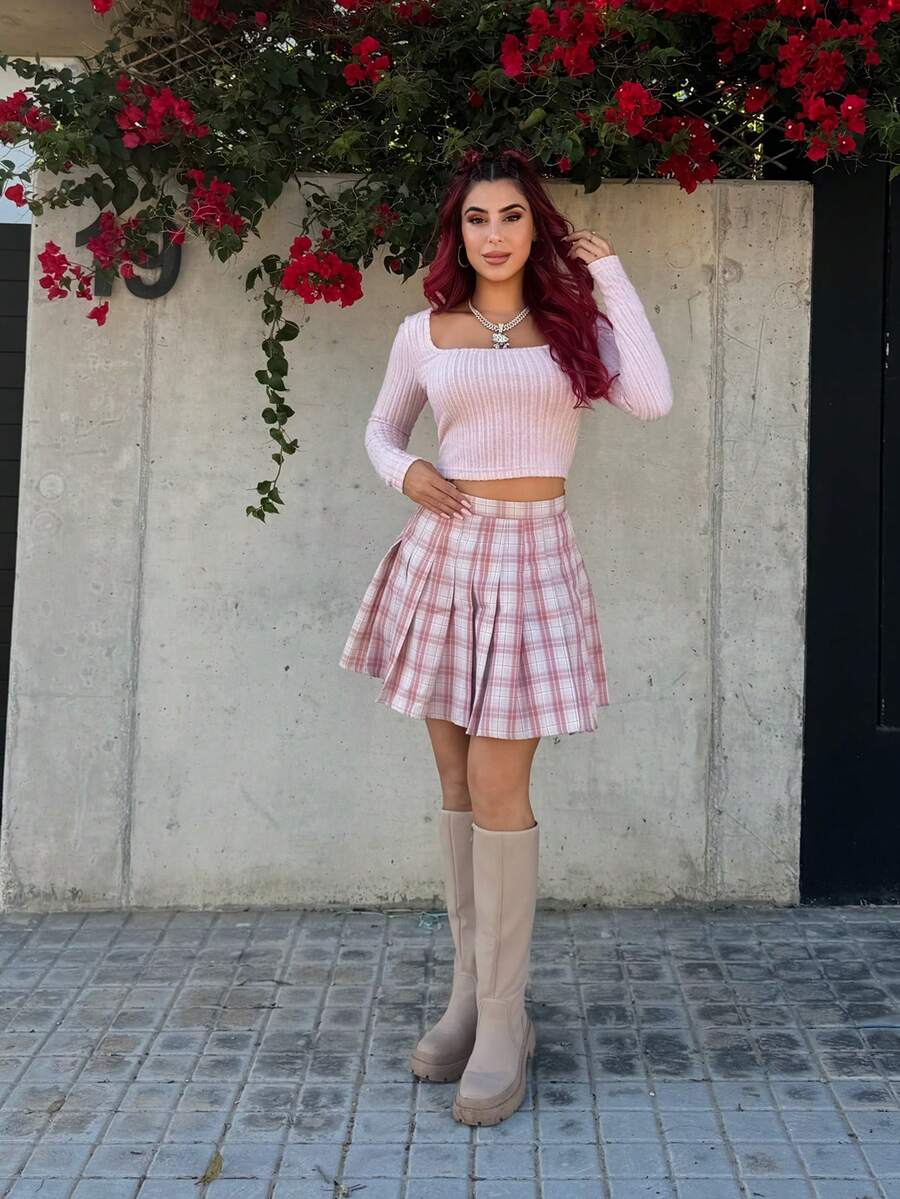 Women's Plaid Pleated A-Line Skirt, Casual & Versatile - Pink - View 1