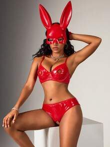 SpicyHot 2 Stücke Y2K Stil sexy Dessous Set, Brustausschnitt mit Aussparungen, offener Schritt, PU Patchwork, äußerst verführerisch