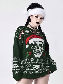 ROMWE Goth Suéter holgado con estampado de gorro de Papá Noel estilo gótico - Verde - Ver 5