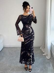 Modelyn Animal Print Leopard Pattern Boat Neck Cinched Waist Long Sleeve Mesh Dress, Autumn - Multicolor - View 5