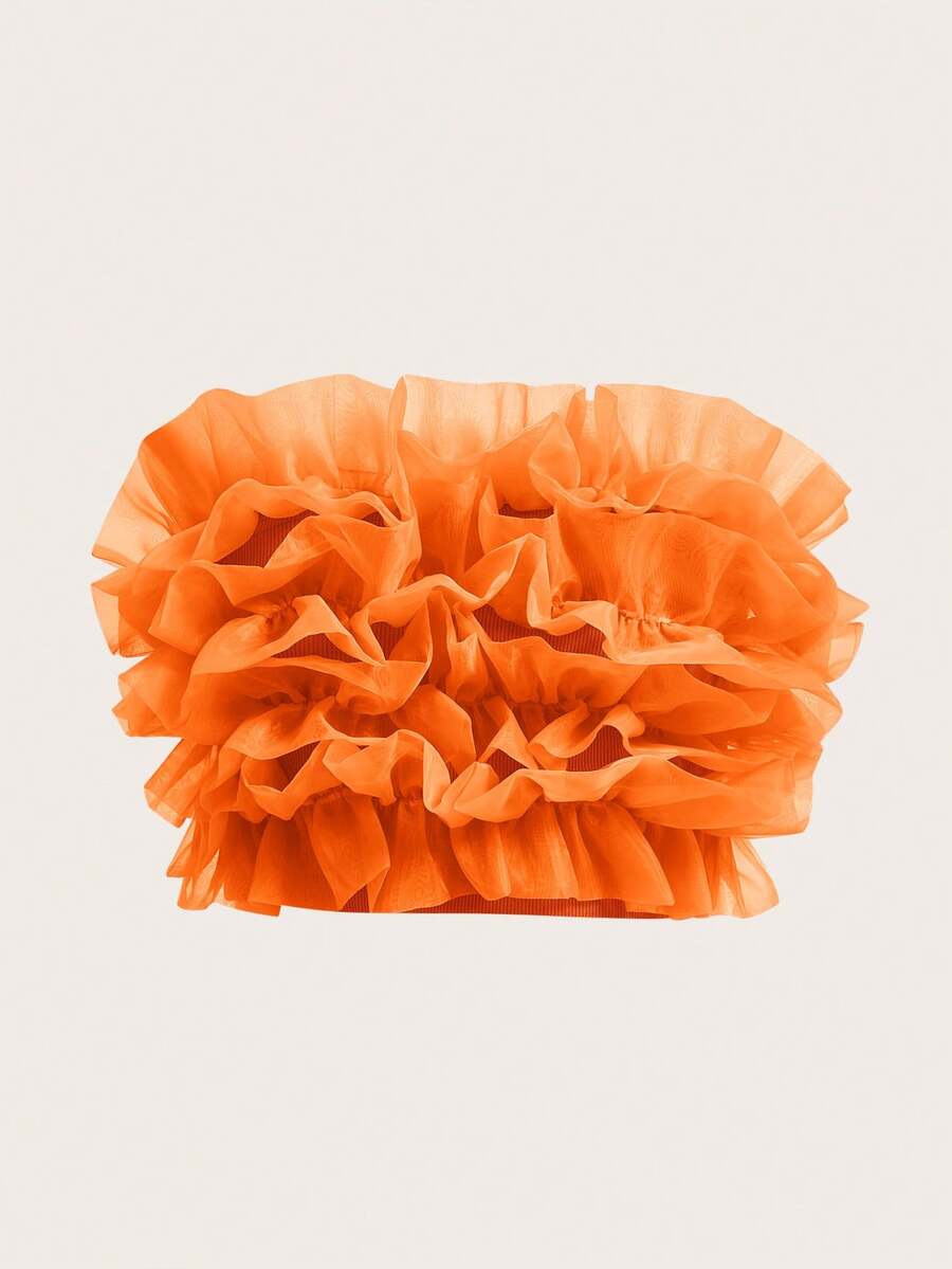 Aveloria Rosie Ruffle Trim Mesh Overlay Top Cute Funny Shirts Orange Top - Burnt Orange - View 1