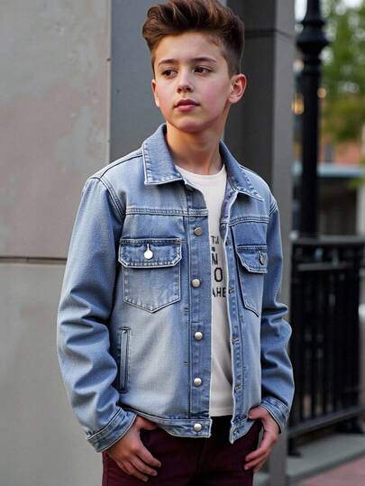 青少年男孩Y2K风格极简复古水洗牛仔夹克，修身休闲秋冬款