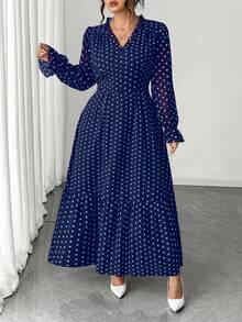 Elenzga Plus Size Women Elegant V-Neck Polka Dot Long Sleeve Dress Fall - Navy Blue - View 3