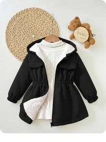 معطف أنيق من الفليس ذو قلنسوة من الكوردروي الأسود للبنات الصغيرات، للخريف والشتاء - الأسود - مشاهدة 5