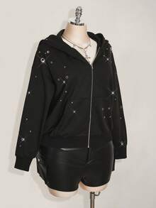 SHEIN ICON Sudadera con capucha casual con decoración de metal para tallas grandes, otoño/invierno - Negro - Ver 6