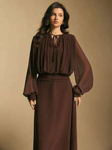 Poéselle Women's Solid Color Tie Collar Lantern Sleeve Ruched Elegant Dress, Elegant Dresses For Women,Casual Dress For Women,Casual Outfit For Women, New Year Outfit,Christmas Party Dress,Women's Winter Dress ,Suitable For Daily Wear, Going Out, Commuting Fall/Winter - Coffee - View 4